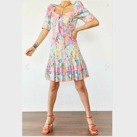 Organic Turquoise Skirt Frilly Patterned Dress - Picture 3 of 6